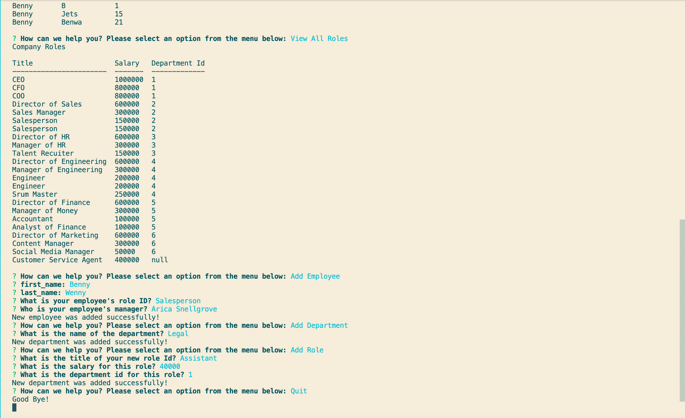 Image of the Employee Manager in Commandline prompts 2